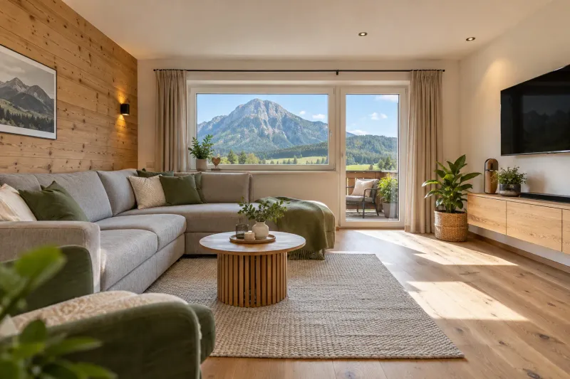 Symbolbild: Wohnbereich mit Holzdecke und Blick auf die Berge